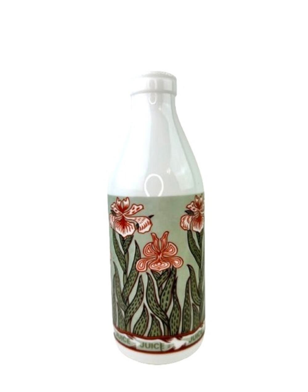Vintage Egizia Italy White Green Juice Bottle Milk Glass Daffodil Iris Flowers